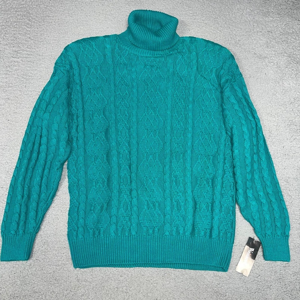 NOS Wainscott Sweater Women's Sz M Aqua Green Cable Knit Turtleneck ‎ VTG NWT
